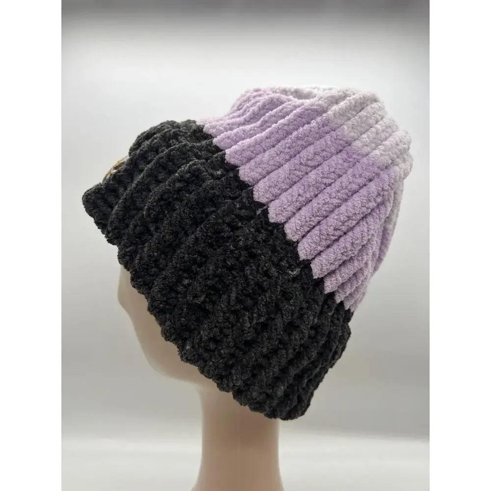 Chunky Chenille Knit Bohemian Embroidered Logo Ski Cap Beanie Hat Purple Large - Picture 5 of 7